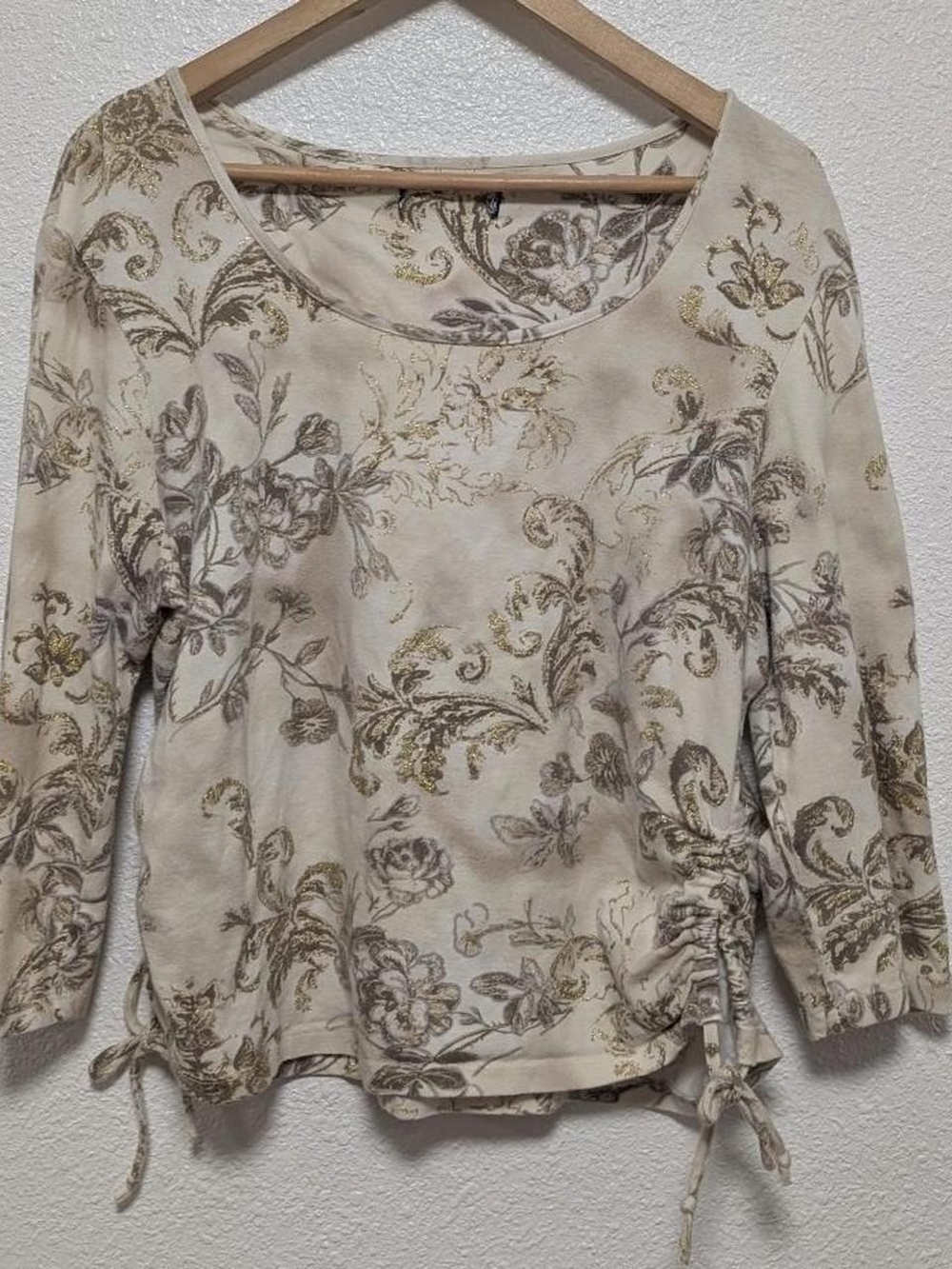Vintage Cream Floral Drawstring 3/4 Sleeve Top